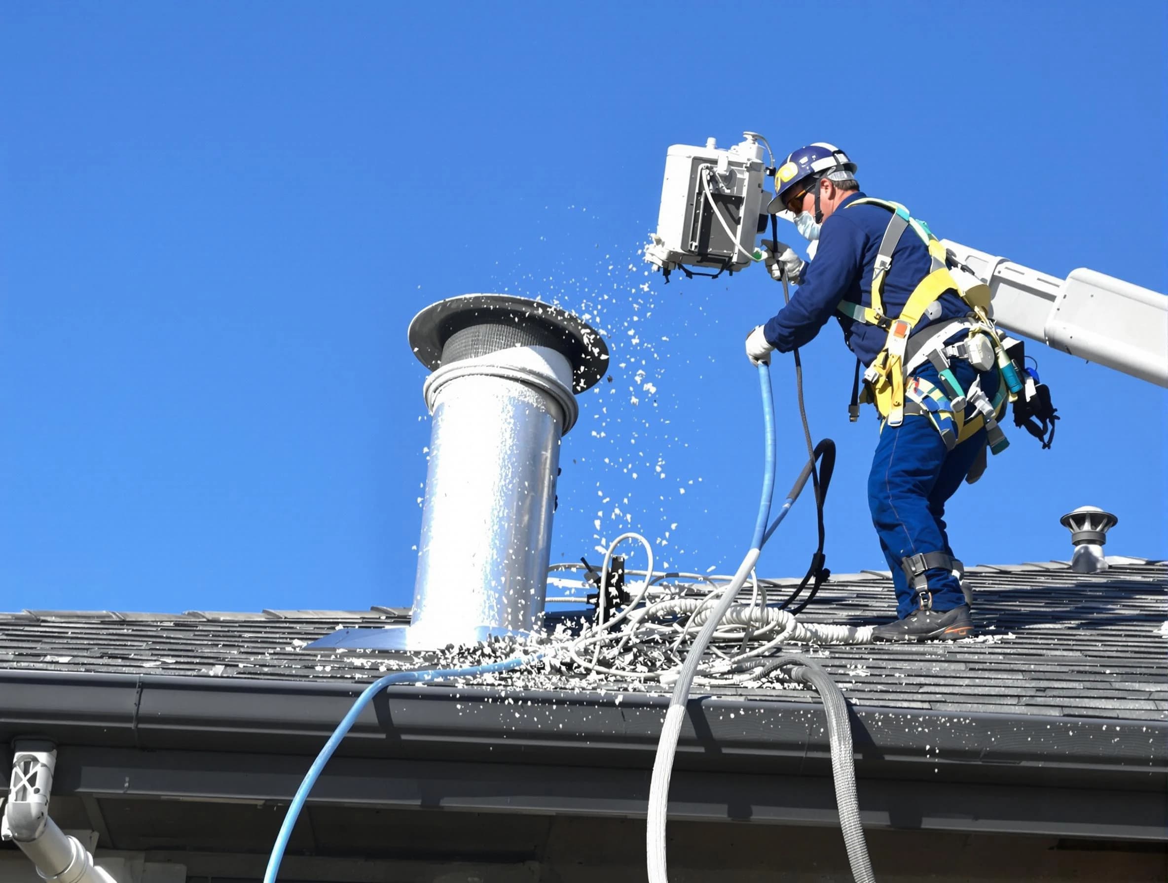 Stoughton Dryer Vent Cleaning certified technician safely cleaning a roof-mounted dryer vent in Stoughton