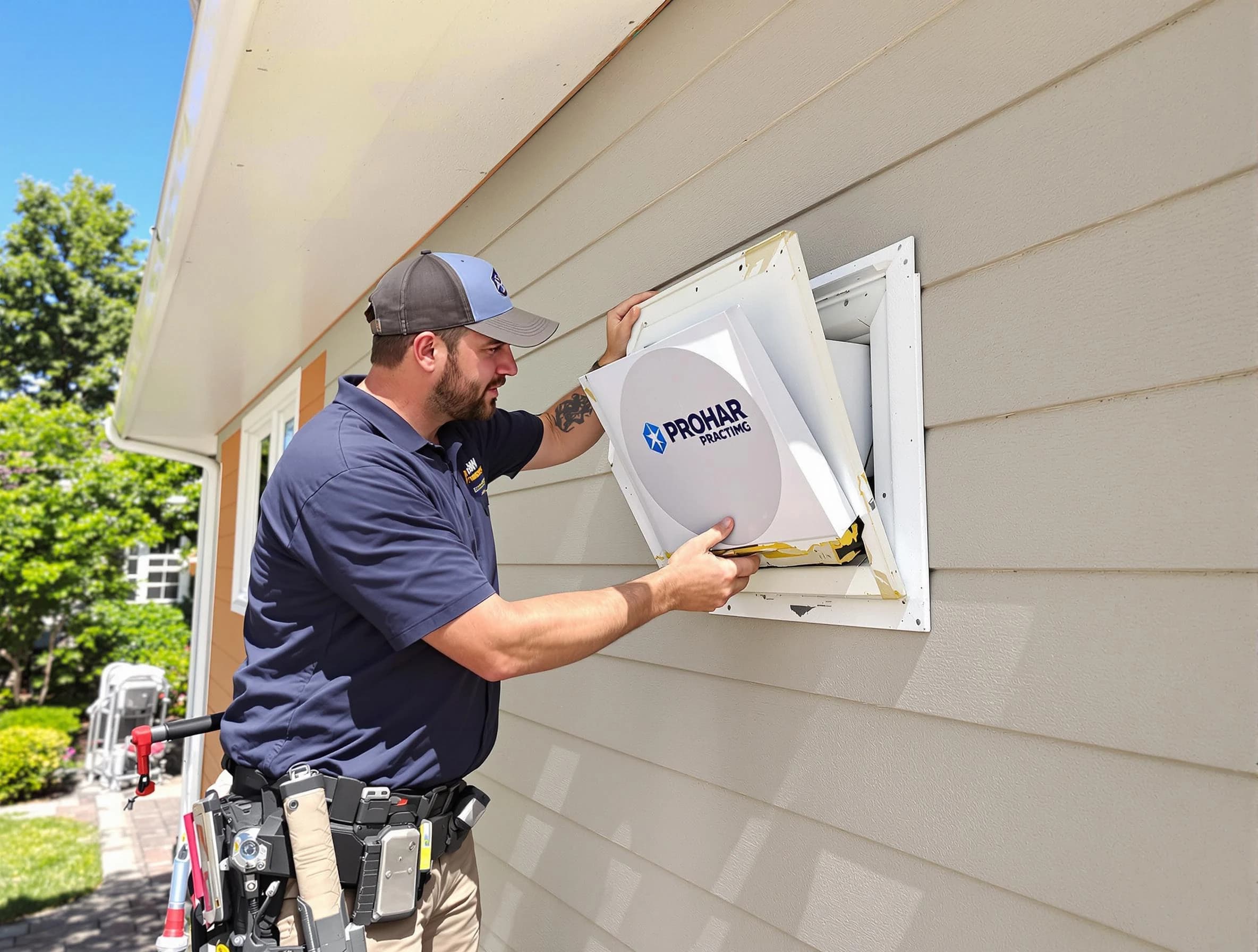 Stoughton Dryer Vent Cleaning technician installing a new protective dryer vent cover on a home in Stoughton