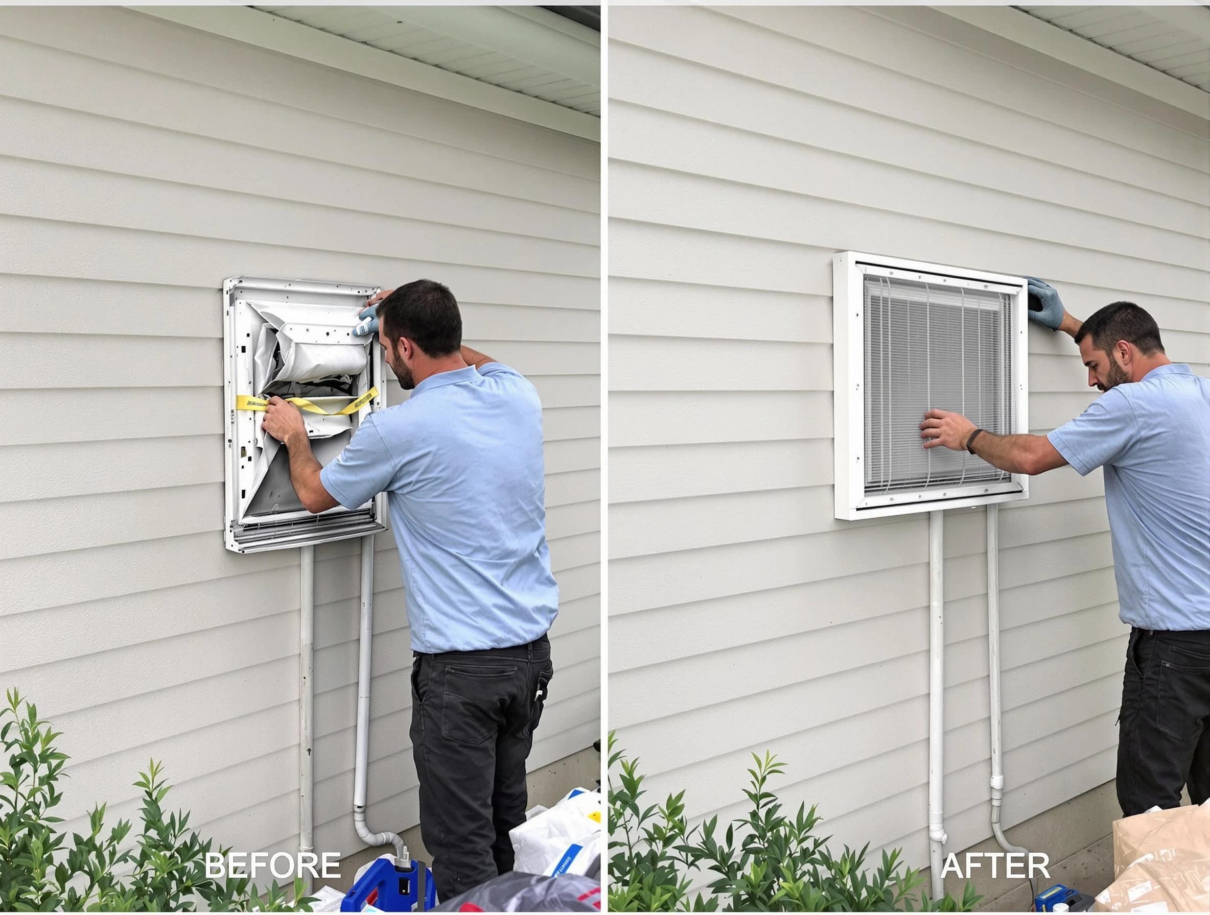Stoughton Dryer Vent Cleaning technician installing high-quality dryer vent cover at a residential property in Stoughton
