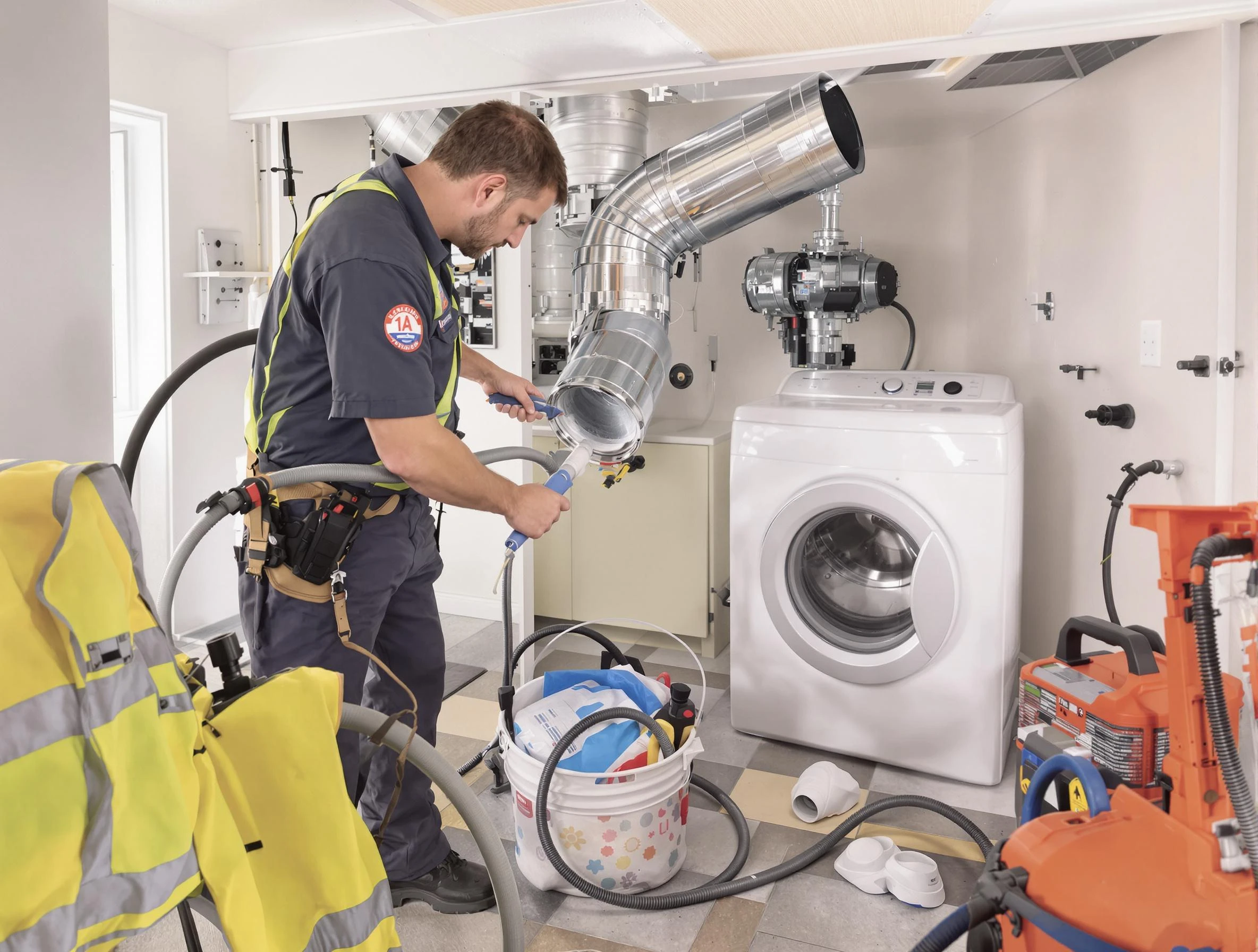 Stoughton Dryer Vent Cleaning technician using specialized equipment to clear severe dryer vent blockage in Stoughton