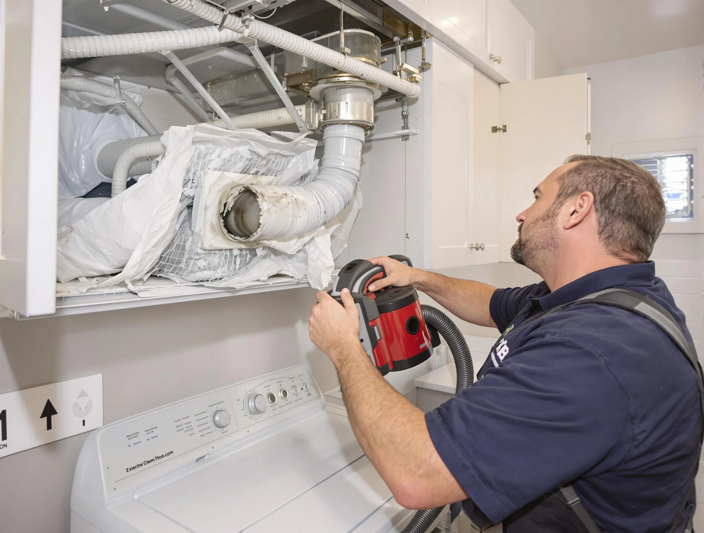 Stoughton Dryer Vent Cleaning technician performing professional exhaust vent cleaning at a residential property in Stoughton